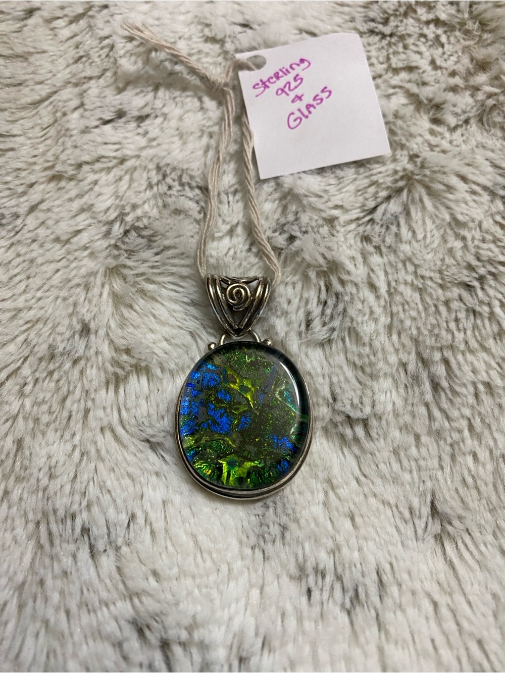 Sterling Silver Green & Blue Glass Pendant Necklace